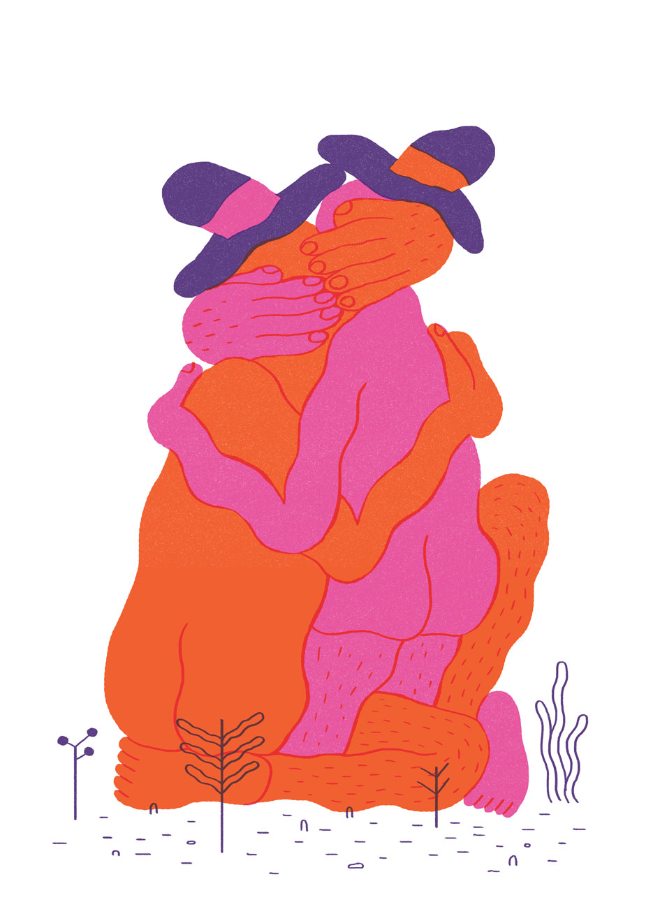 A drawing of two people in hats, kissing.