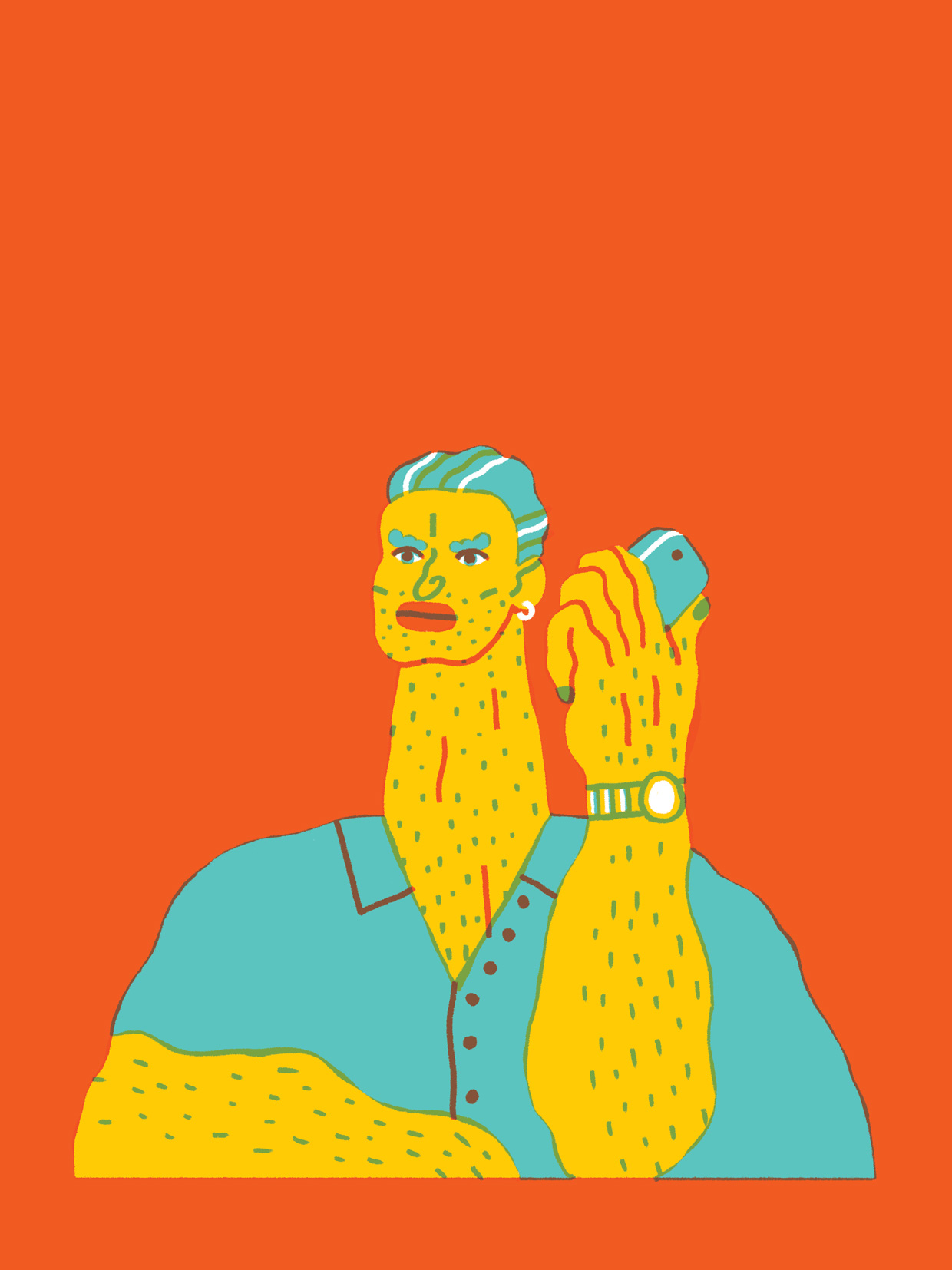 A drawing of a long-necked man using a mobile phone.